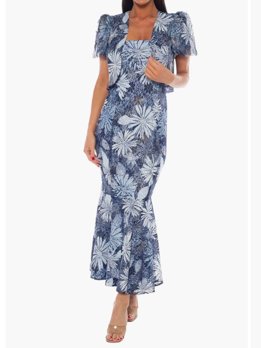 Oleg Cassini Navy and White Floral Maxi Dress